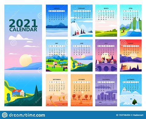 2021 Calendar Set Minimalistic Landscape Natural Backgrounds of Four Seasons. Winter Wonderland ...