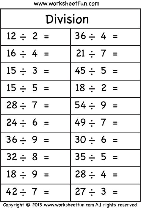 5 Free Math Worksheets Third Grade 3 Division Division Facts 1 to 10 - AMP