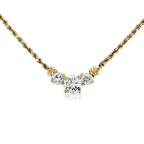 14kt Yellow Gold Three Diamond Pendant on Rope Chain Necklace