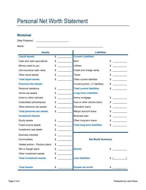 Net Worth Worksheet Template