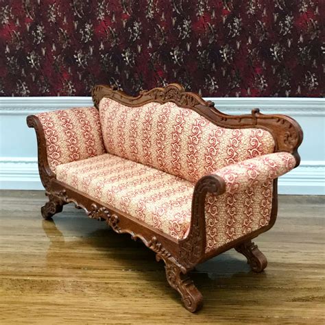 Empire Victorian sofa in walnut finished in burgundy and gold fabric ...