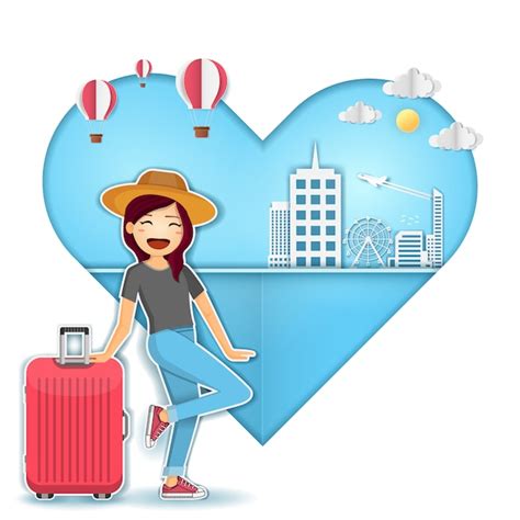 Premium Vector | Woman cute cartoon traveler with luggage on heart background travel around the ...