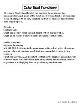 Cube Root Function Graphing and Describing Transformations Matching ...