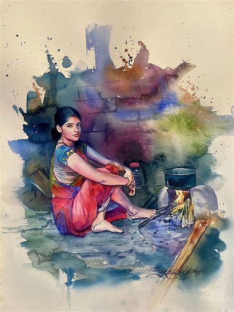 Rural Indian Woman Cooking | Watercolor Painting | Exotic India Art