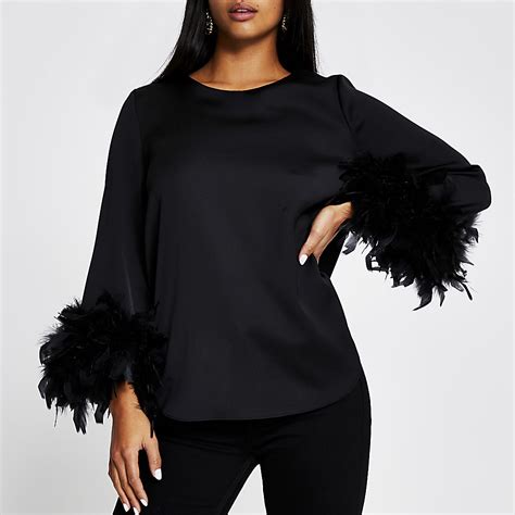 Petite black long sleeve feather cuff top | River Island