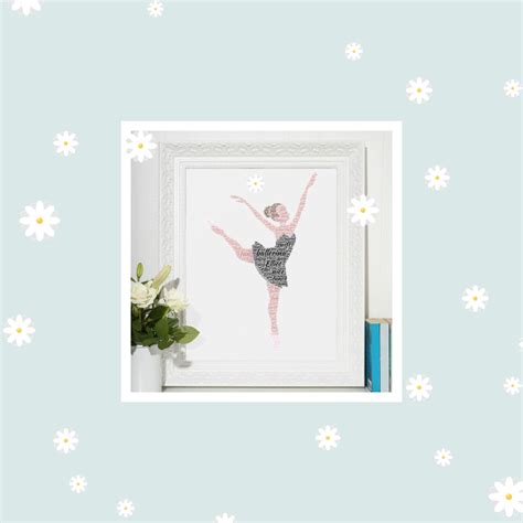 a white frame holding a pink and black ballerina cross - stitch pattern with daisies in the ...