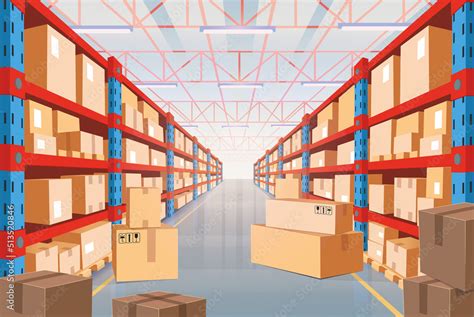 Perspective view of warehouse with cardboard boxes on racks. Interior ...