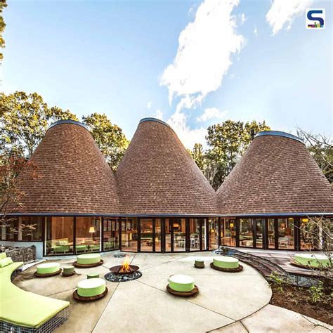 Green Modular Furniture | Three Connected Timber Cones Mark The Magical Club House in the Lush ...