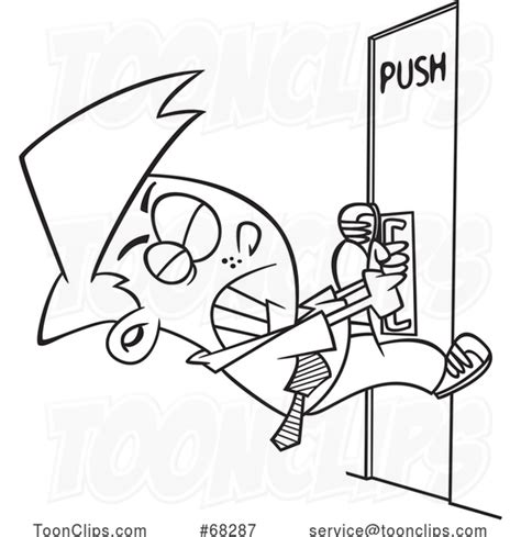 Black and White Cartoon Guy Pulling on a Door That Says Push #68287 by ...