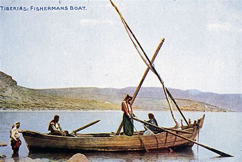 Fishing boat on Sea of Galilee, circa 1920, old postcard, Tiberias, Galilee, Palestine