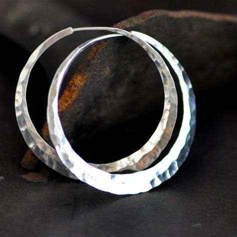 1 1/2 inch hammered sterling silver hoop earrings extra wide