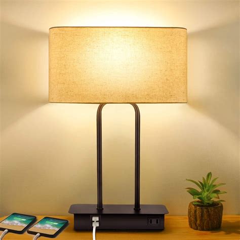 3-Way Dimmable Touch Control Table Lamp with 2 USB Ports and AC Power Outlet Modern Bedside ...