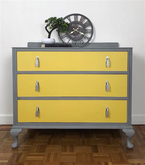 Light Grey And Bright Yellow Chest Of Drawers, Hand Painted Grey Bedroom Furniture, Solid Wood ...