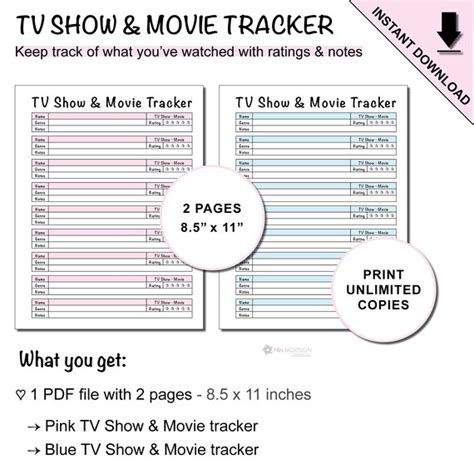 Printable TV Show and Movie Tracker for TV Shows and Movies | Etsy