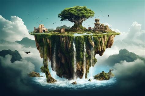 Premium AI Image | A floating island with a waterfall and a tree on it.