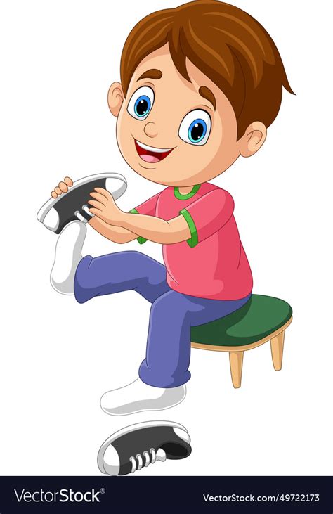 Cartoon little boy putting on shoes Royalty Free Vector