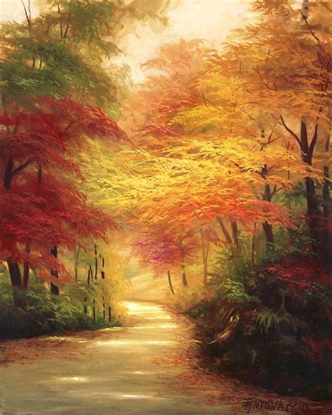 an oil painting of a road in the woods with trees and leaves on it's sides