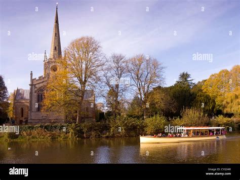 Warwickshire - Stratford upon Avon - river scene - tourist river cruise - passing Holy Trinity ...