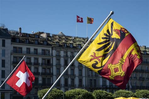 Flag of the Geneva Canton and Flag of Switerland Stock Photo - Image of ...