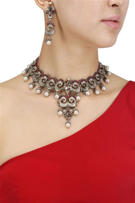 Silver Roots Antique Silver Finish Red and Green Stones Choker Set ...