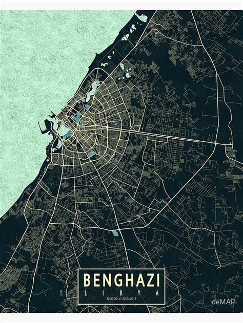 a map of benghazi, with the name and streets in gold on black