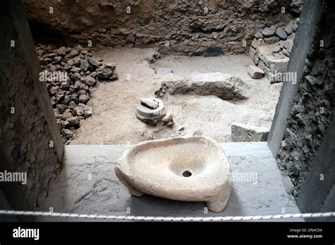 Greece, Island of Santorini: archeological excavations of a Minoan city at Akrotiri which was ...