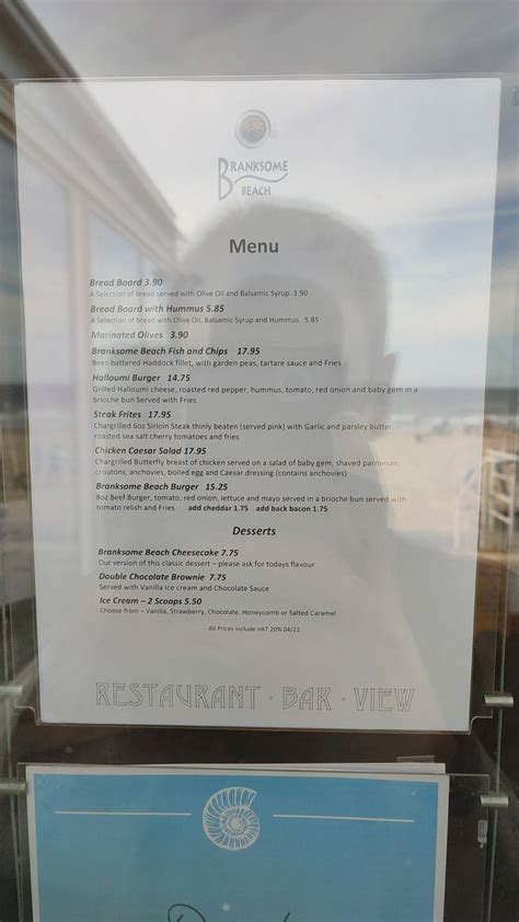 Menu at Branksome Beach Restaurant, Poole, Pinecliff Rd