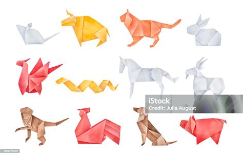 Folded Origami Pack Of Twelve Traditional Chinese Zodiac Animals Red ...