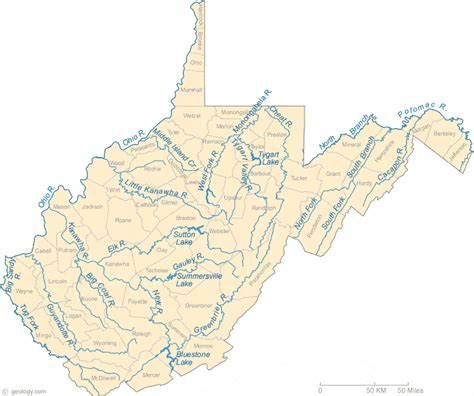 Map of West Virginia Lakes, Streams and Rivers