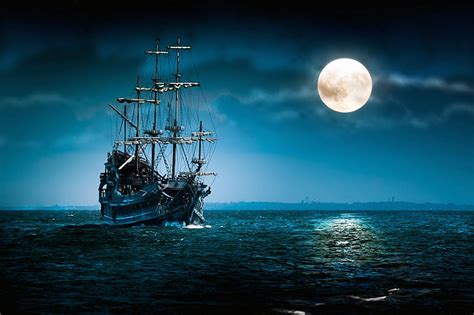 Online crop | HD wallpaper: black sailing ship, pirates, Moon, sea ...