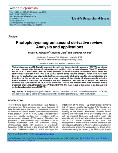 (PDF) Photoplethysmogram second derivative review: Analysis and applications | Yousef Qawqzeh ...