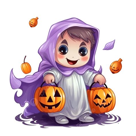 Happy Halloween, Funny Kid In Colorful Ghost Costumes And Pumpkin Basket, Funny Kids, Halloween ...