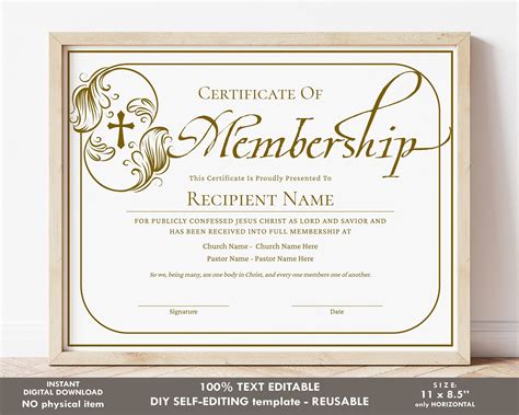 Church Membership Certificate Template, Editable Printable Certificate ...