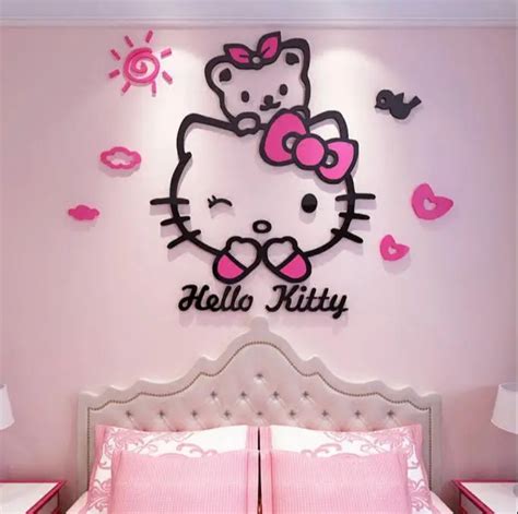 3D Removable Hello Kitty Wall Sticker Decal Cute Cartton Acrylic Mirror Surface Background Wall ...