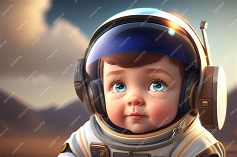 Premium AI Image | A baby astronaut wearing a helmet looks up at the sky.