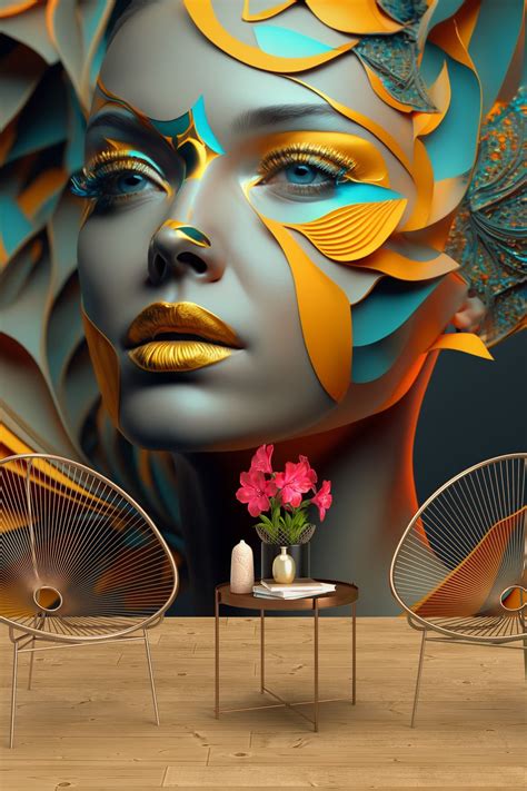 Gold and Blue Details Woman Salon Wallpaper, Makeup Art - Hair Salon Decor for Walls Beauty ...