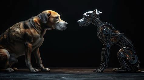 Premium AI Image | A Confrontation Between A Cyber Robot Dog And A Traditional Dog