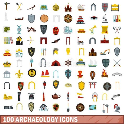 100 Archaeology Icons Set, Flat Style Stock Vector - Illustration of ...