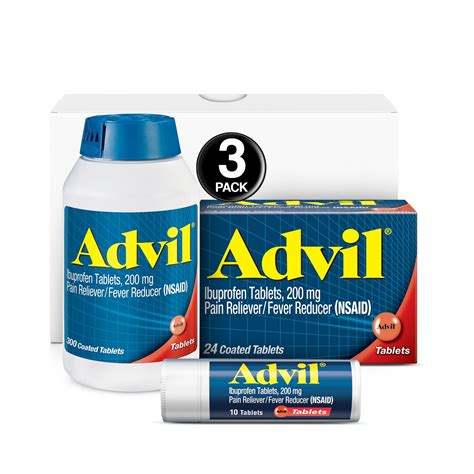 Advil Coated Tablets Pain Reliever and Fever Reducer, Ibuprofen 200mg, 10, 24, and 300 Count ...