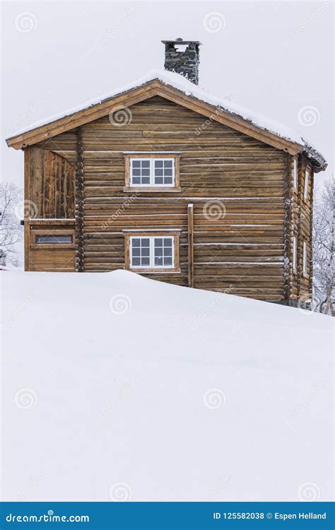 Winter Log Cabins in Snow Landscape in Norway Stock Photo - Image of ...