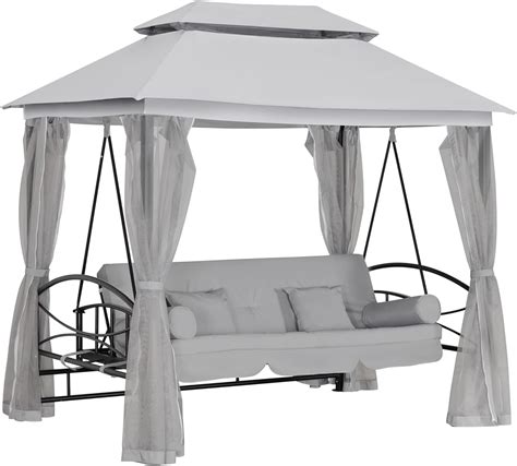 Outsunny 3 Seater Convertible Swing Chair, Outdoor Gazebo Swing Seat Bed with Double Tier Canopy ...