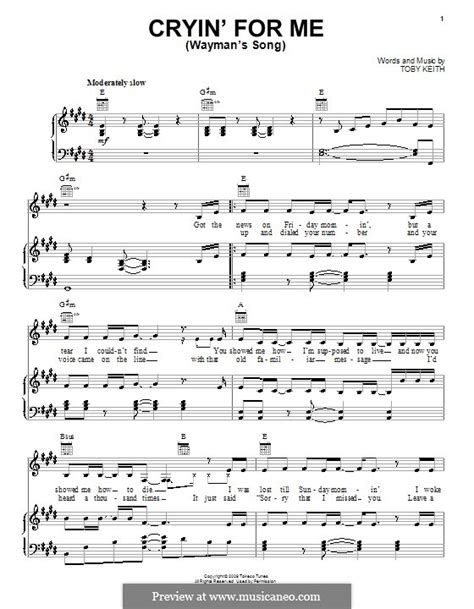 Cryin' for Me (Wayman's Song) by T. Keith - sheet music on MusicaNeo