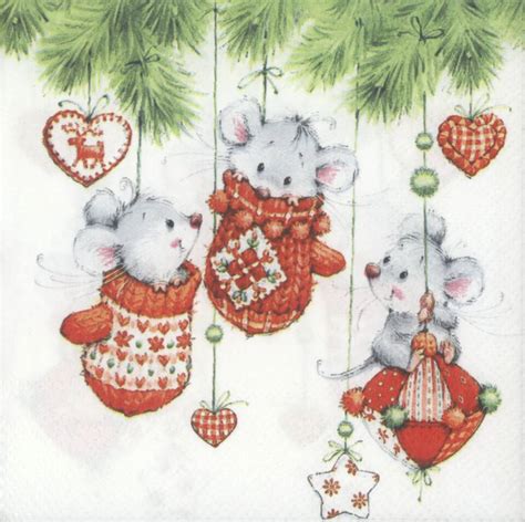 Decoupage Paper Napkins of Christmas Mice Playing in Tree