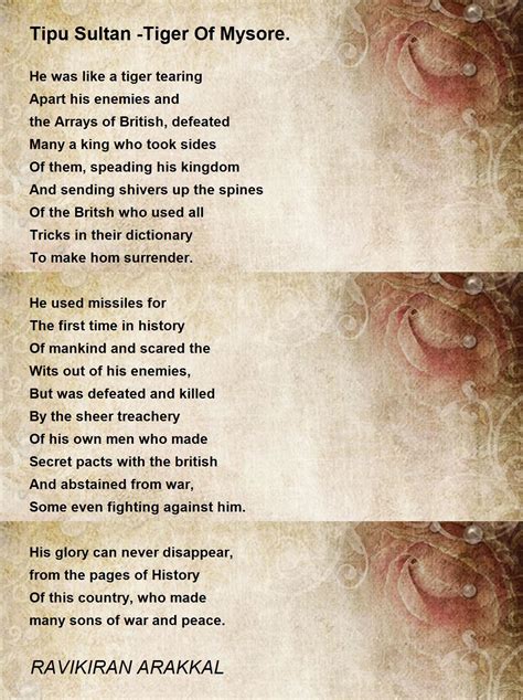 Tipu Sultan -Tiger Of Mysore. - Tipu Sultan -Tiger Of Mysore. Poem by RAVIKIRAN ARAKKAL