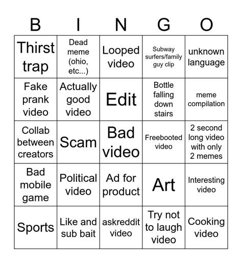 Youtube short bingo Card