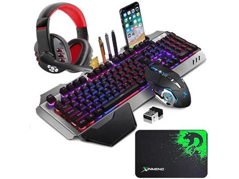 Wireless Gaming Keyboard Mouse and Bluetooth Headset Kit, Rainbow Backlit Rechargeable Ergonomic ...