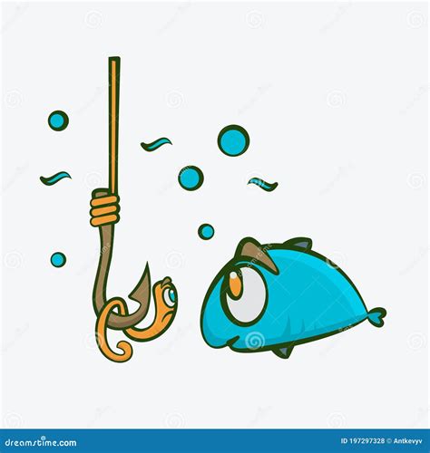 Cartoon Fish and Worm Characters on a Fishing Hook Stock Vector - Illustration of kids, funny ...