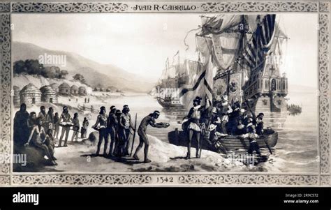 California: 1542 A painting depicting Juan Rodriguez Cabrillo meeting natives on the California ...