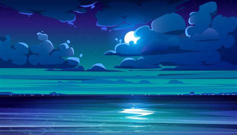 Free Vector | Night sea landscape with coastline and moon in sky | Art ...