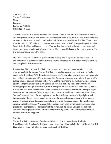 Simple Distillation Lab Report - CHE 223 Lab 2 Simple Distillation Name Partners: Performed: 9 ...